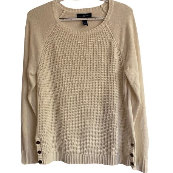 Karen Scott Sz M Cream Sweater Front is textured 3 buttons each side bottom - Picture 1 of 3